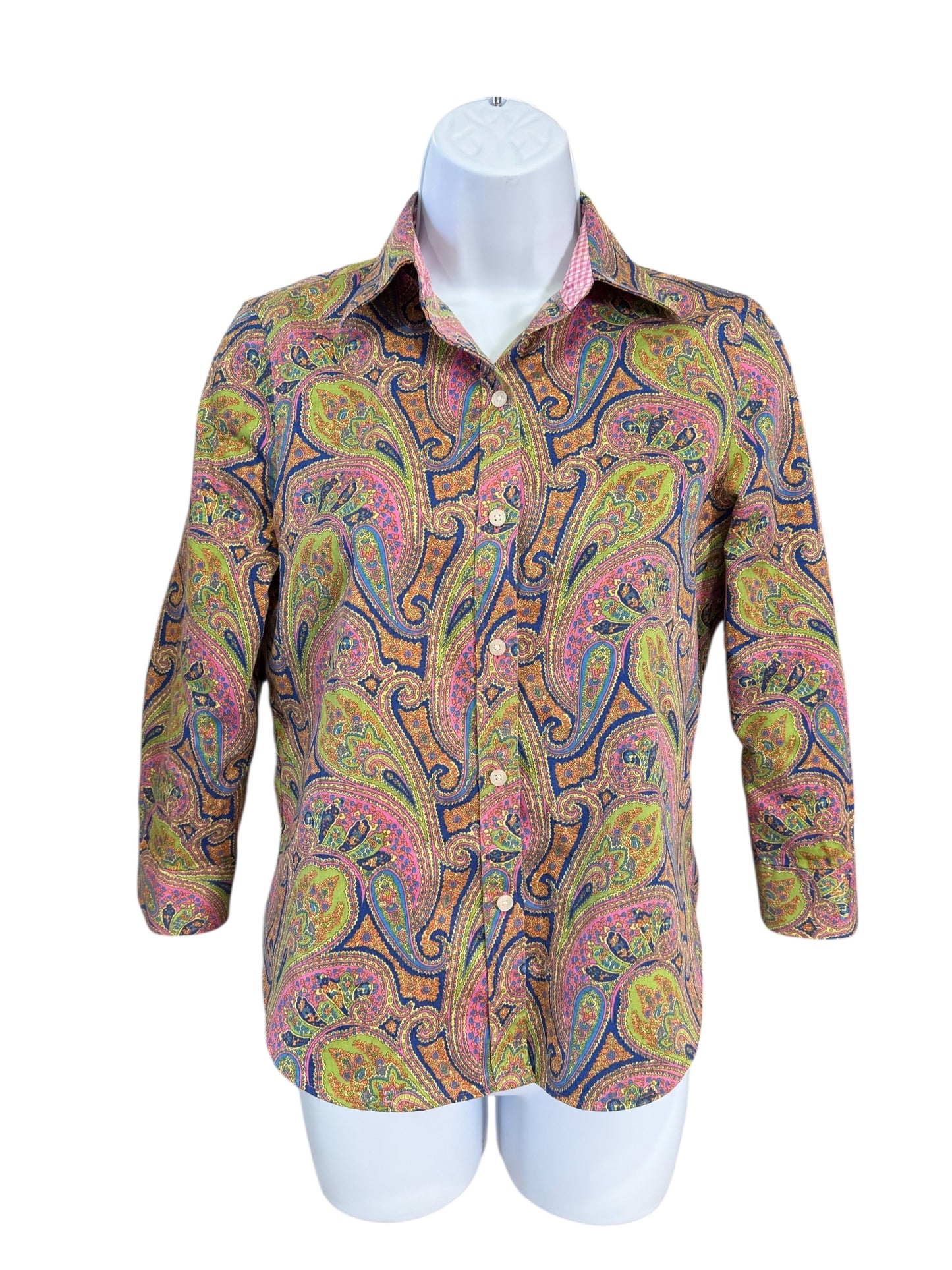 Vintage CHAPS Classics Petite Paisley Button-Up Shirt – Pink Gingham Contrast Collar