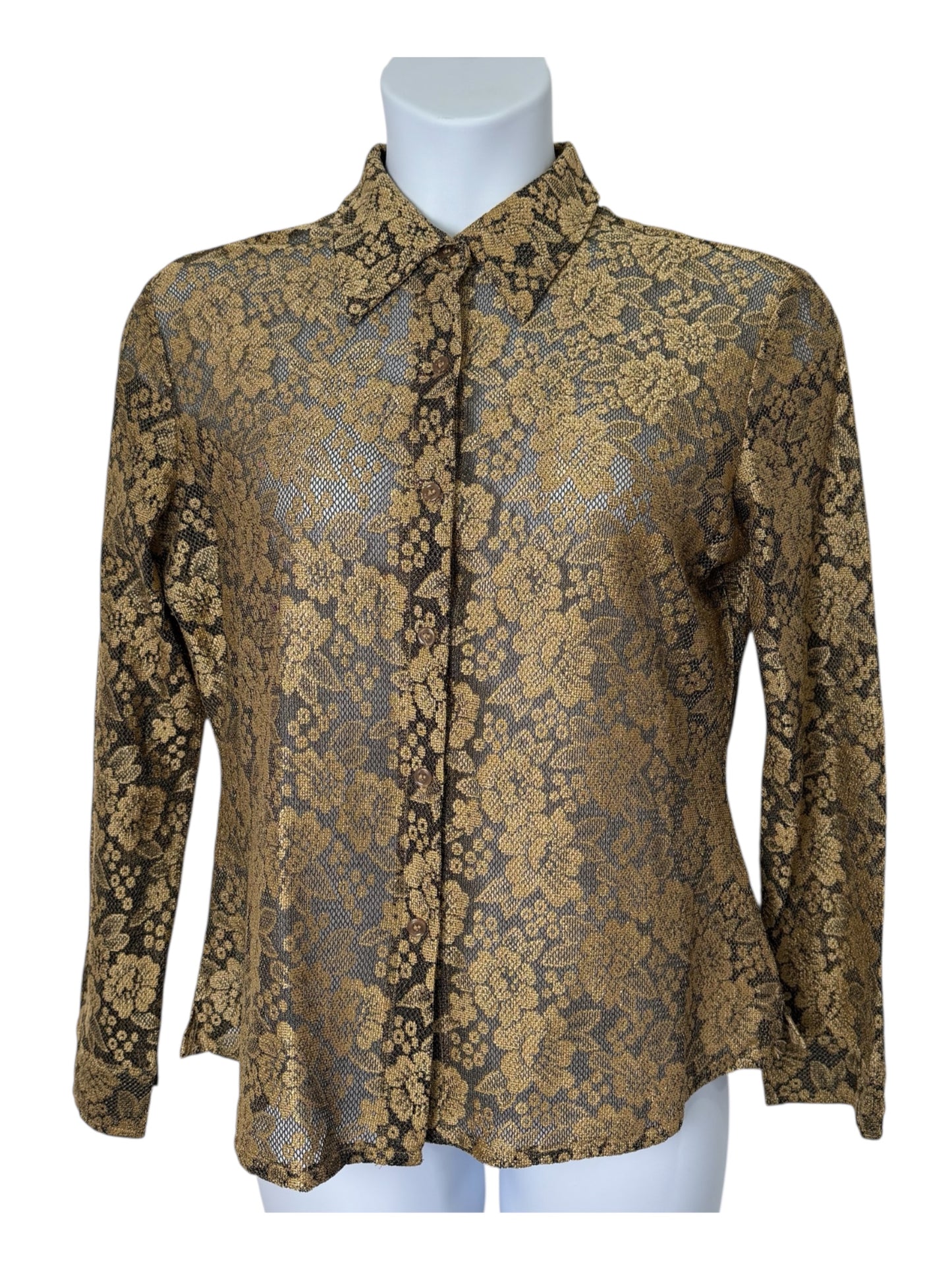 New York & Company Sheer Floral Lace Button-Up Blouse – Gold & Black Top