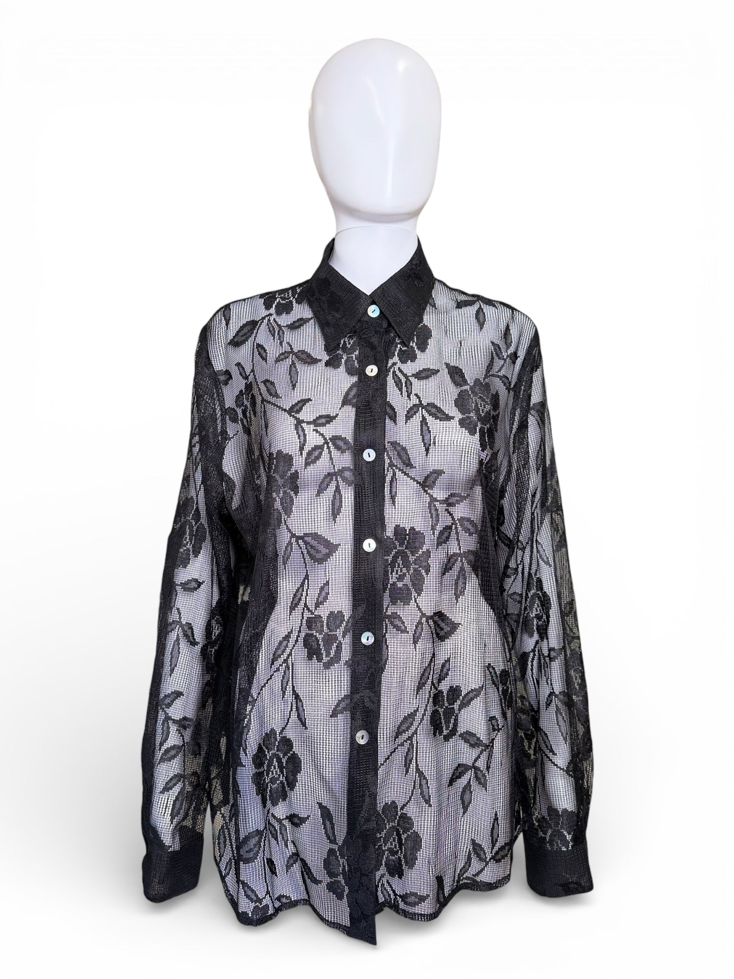 B&J Black Sheer Lace Button-Up Top