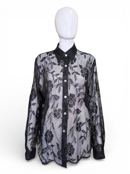 B&J Black Sheer Lace Button-Up Top