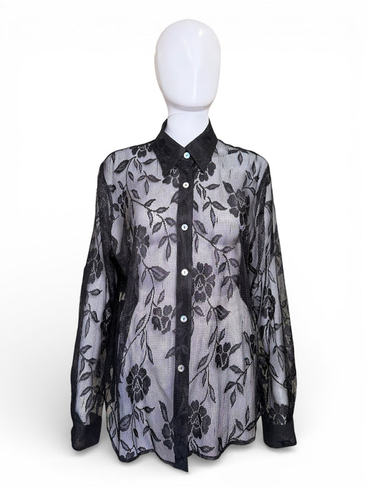 B&J Black Sheer Lace Button-Up Top