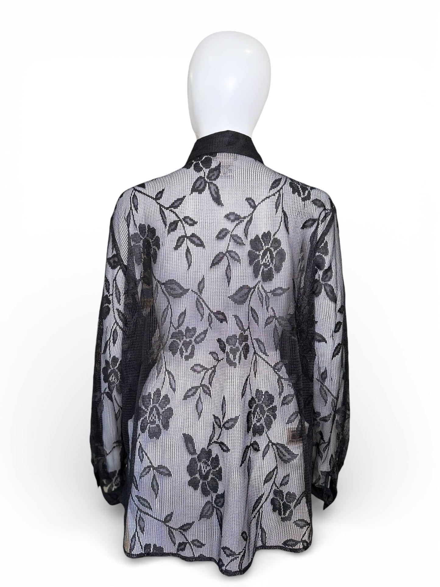 B&J Black Sheer Lace Button-Up Top