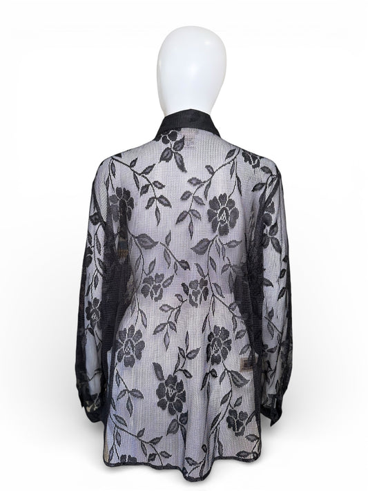 B&J Black Sheer Lace Button-Up Top